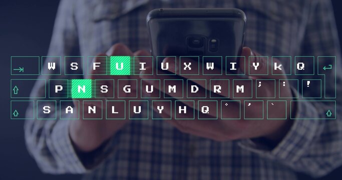 Typing man in blue-white plaid shirt holding smartphone indoors, virtual keyboard with green keys