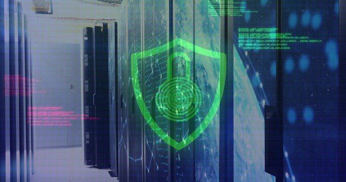 Projecting green shield with padlock and fingerprint hovering over server racks in data center