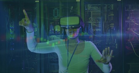 Standing IT woman wearing long-sleeve top and lanyard, using VR headset in server room © vectorfusionart