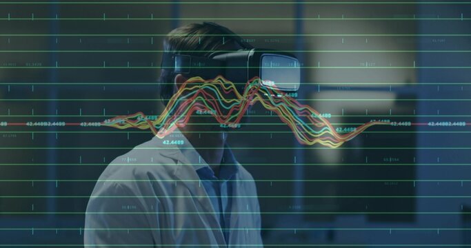 Standing scientist wearing lab coat, blue shirt, VR headset, studying holo grid waveform at lab