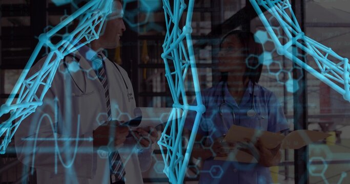 Talking doctor coat, nurse blue scrubs consulting hospital with tablet stethoscopes, helix overlay