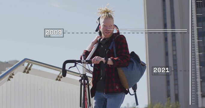 Carrying cyclist climbing stairs in red flannel and bag, holding road bike with 2009-2021 overlays