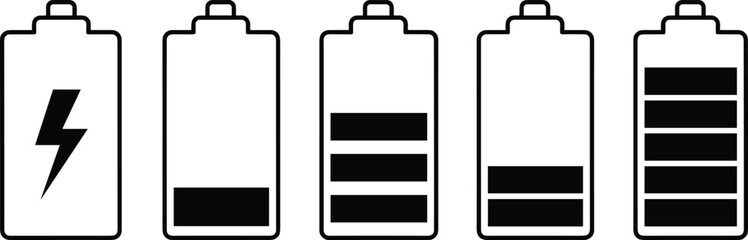 Battery charge icons, charging symbol, low power level, medium energy status, high battery indicator, full charge illustration, technology concept © Nurjahan