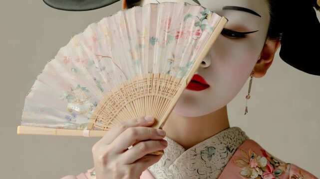 Beautiful Japanese woman dressed as a geisha in a traditional pink kimono with floral embroidery, slowly raising a hand fan to elegantly cover and then reveal her face in a studio