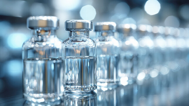 A row of clear glass vials containing a transparent liquid is lined up against a blue-toned background. Selective focus.