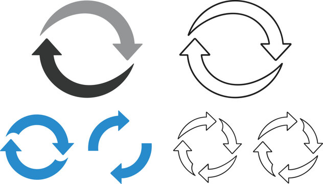 Circular arrow icons, refresh recycle symbols, continuous process design, rotation illustration, black blue gray outline concept
