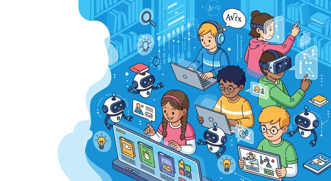 Children Engaged in Futuristic Technology and Robotics Education.