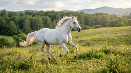 Obraz premium White horse galloping in a field, wildlife or character concept, expressive detail, strong commercial appeal, balanced composition, soft natural light, realistic texture, crisp focus, refined