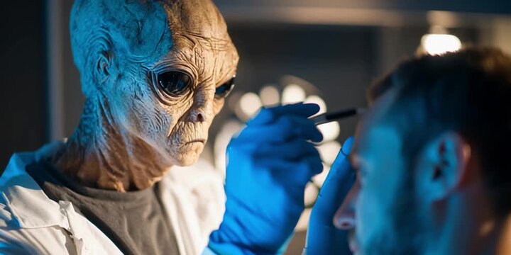 Alien doctor is examining a human patient - alien abduction and medical exam concept