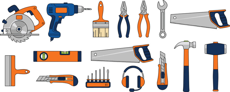 Construction tools illustration, diverse hand and power tools, circular saw, electric drill, paintbrush, pliers, wrench, hammer, mallet, utility knife, scraper, protective headphones, spirit level, dr