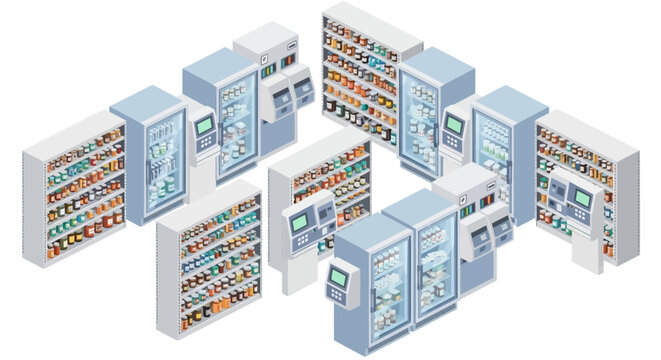Isometric illustration of a modern convenience store interior with shelves stocked with products and automated vending machines.