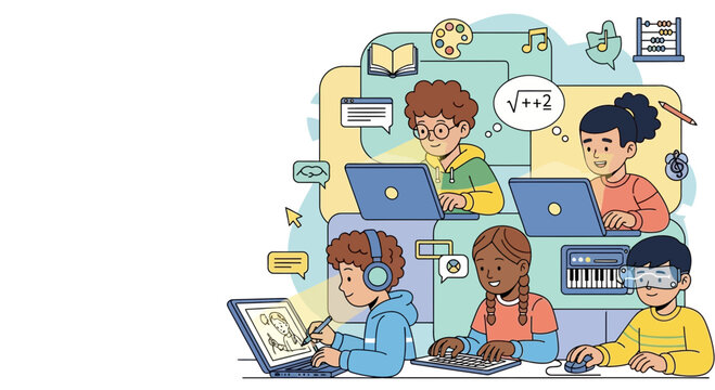 Diverse group of children engaged in digital learning activities 1.