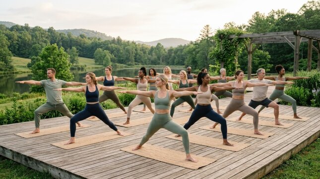 A group of individuals practicing yoga, wellness and mindfulness scene for fitness, community, balance and healthy lifestyle branding, synchronized movement, calm atmosphere, balanced composition,