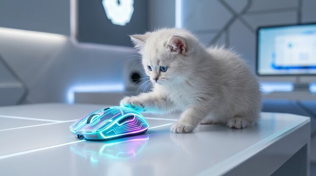 Futuristic white kitten with a glowing computer mouse, cute tech fantasy concept, sleek minimal setting, soft fur texture, luminous device detail, playful cyber mood, clean composition, premium