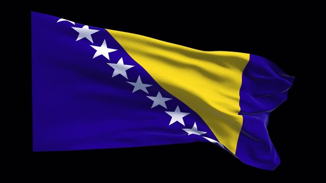 Bosnia flag waving in the wind. Bosnian identity sovereignty national pride yellow triangle stars. News visuals political international relations documentaries educational travel web banners Balkans.