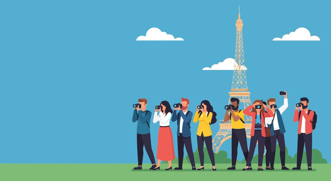 Group of diverse people taking photos with cameras in front of Eiffel Tower.
