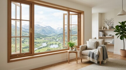 Fototapeta premium Wooden window view of scenic landscape, stylish modern interior or home detail, aspirational lifestyle setting, clean decor, practical design appeal, spacious composition, inviting atmosphere, soft