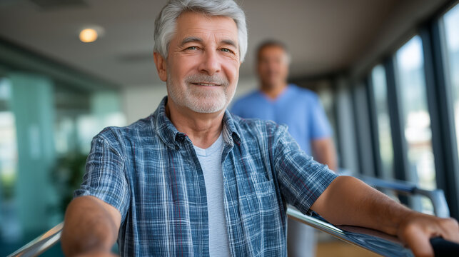 A man with multiple sclerosis grips parallel bars in a rehabilitation gym, determination etched across his face, therapist standing nearby, afternoon light flooding through tall wi