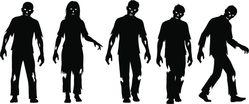 A group of silhouetted zombies walking forward in a line