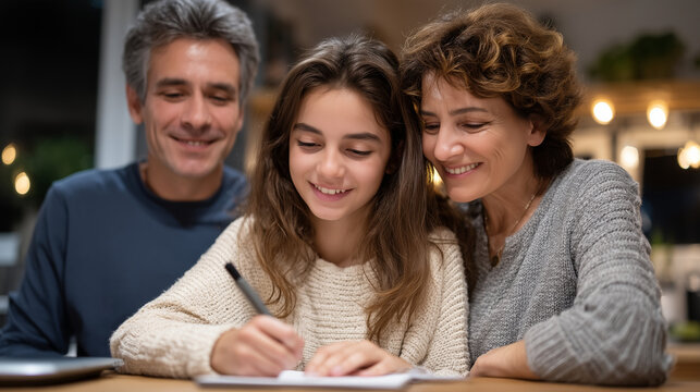 A Mexican-American teenager translates a legal letter aloud for her monolingual parents at a kitchen table, late evening light warm, the reversal of roles heavy with love and burde