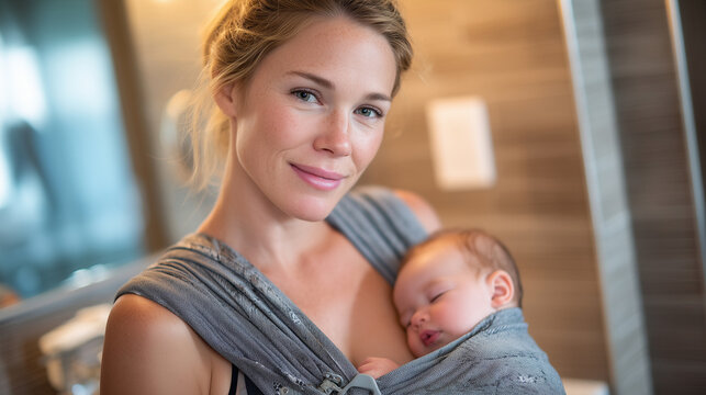 A new mother stares at herself in a bathroom mirror, infant asleep in carrier on her chest, dark circles prominent, one hand touching her reflection as if meeting a stranger, ideal