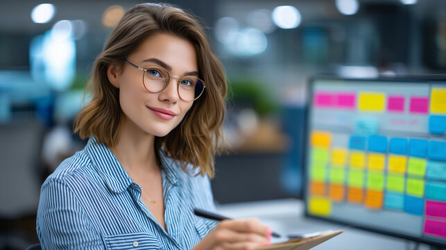 An autistic employee uses a visual task board covered in icons rather than words beside a standard desktop, open-plan office buzzing behind her, her system quietly brilliant, perfe