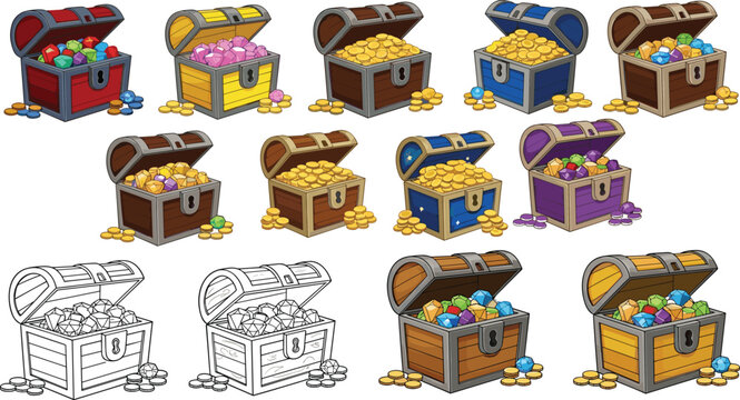 Treasure chest set with gold coins, gems and pirate loot illustrated in colorful cartoon style for game assets