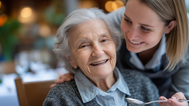 An adult son spoon-feeds his aging parent at a care facility dining table, the role reversal tender and exhausting, afternoon window light falling across two tired faces, ideal for