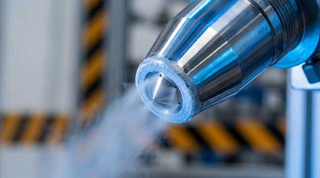Close-up of titanium 3D printer nozzle extruding fine blue plastic filament in laboratory setting