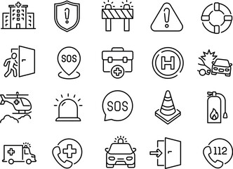 Fototapeta premium Set of emergency and safety icons thin line vector symbols for rescue and first aid services isolated on white background