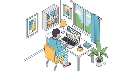 Naklejka premium Isometric Illustration of a Man in Pajamas Studying Online or Working from Home at a Desk with Laptop
