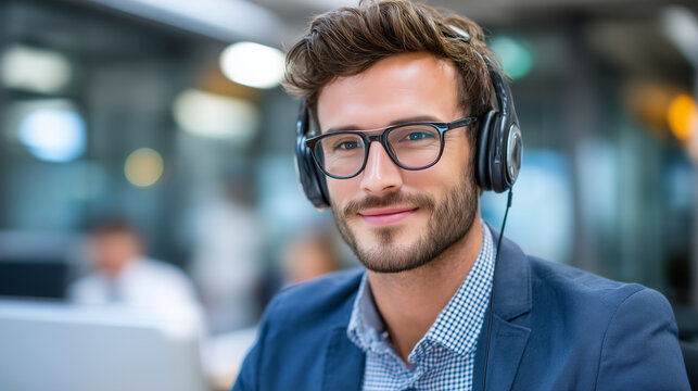 A man with ADHD uses noise-canceling headphones and a fidget tool simultaneously at a standing desk, focus anchored by his adaptive tools, busy coworkers visible through a glass pa