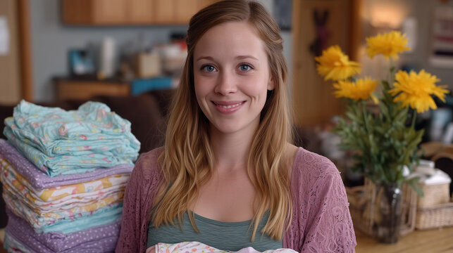 A new mother stands in a cluttered living room surrounded by burp cloths and get-well flowers, holding her baby outward in offering to visiting relatives, her own exhaustion render