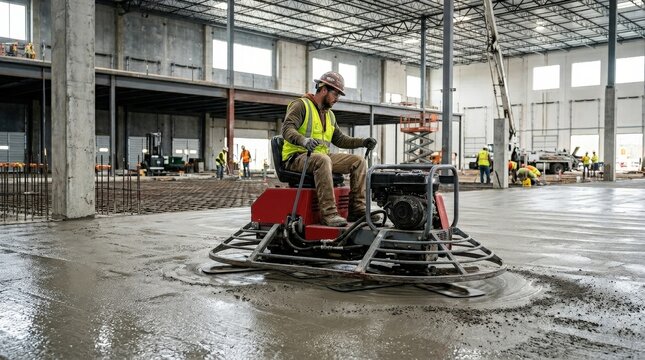 Concrete floor trowel machine smoothing surface, infrastructure concept, commercial stock appeal, precise technical detail, balanced composition, realistic lighting, crisp focus, refined atmosphere,