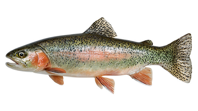 Ultra realistic HD trout fish detailed scales and fins, isolated on white background