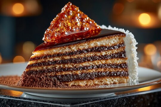 Slice of traditional Dobos torte cake with chocolate and caramel