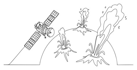 Satellite Orbiting Planet with Erupting Volcanoes or Geysers in Continuous Line Art Style © ----WWWLINE----