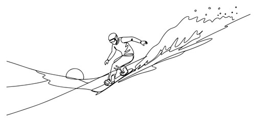 Fototapeta premium Snowboarder Riding Down Steep Mountain Slope at Sunset Continuous Line Art