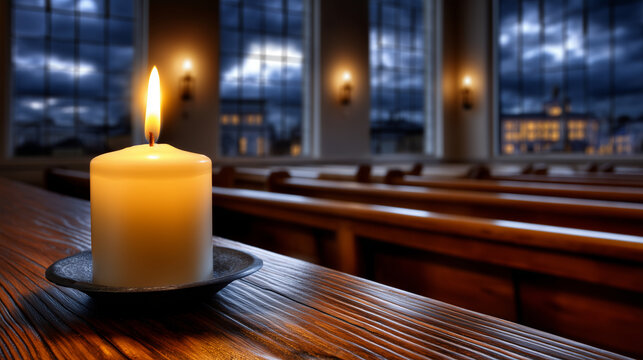 Empty military chapel interior with rows of wooden pews and a single candle burning at the altar, overcast dramatic sky visible through tall windows, ideal for military chaplain su