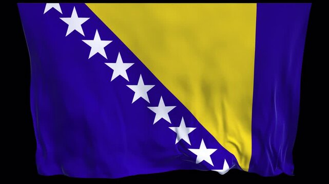 Bosnia flag waving in the wind. Bosnian identity sovereignty national pride yellow triangle stars. News visuals political international relations documentaries educational travel web banners Balkans.
