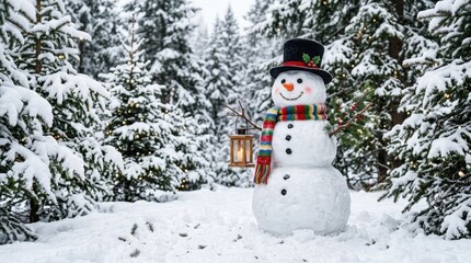 Obraz premium Joyful snowman with colorful scarf among evergreen Christmas trees, cheerful winter holiday scene for greeting cards, seasonal advertising and family celebration themes, playful festive atmosphere