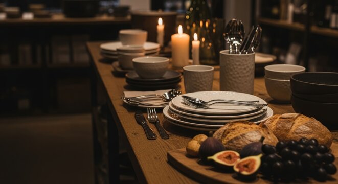 Rustic Table Setting with Bread, Fruit, and Candles