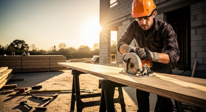 Carpenter Cutting Wood with Circular Saw on Construction Site