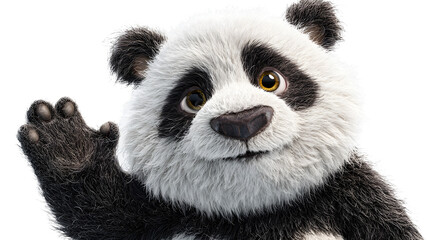 Fototapeta premium Ultra realistic HD cartoon panda waving friendly expression, isolated on white background