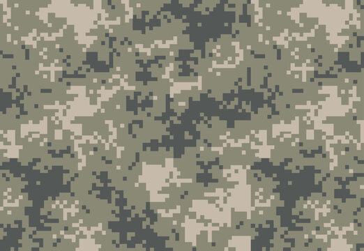 Square seamless digital camouflage pattern with pixel texture in neutral green, beige and gray tones. Military inspired abstract background suitable for fabric, wrapping, web design, packaging