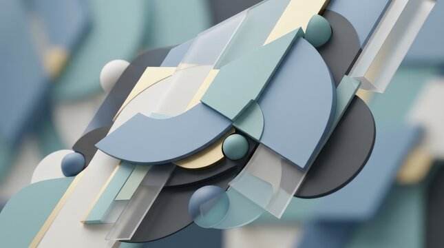 Abstract geometric shapes background in a dimensional composition, modern design for branding and technology visuals, layered forms, soft shadows, elegant rhythm and clean depth, soft studio light,