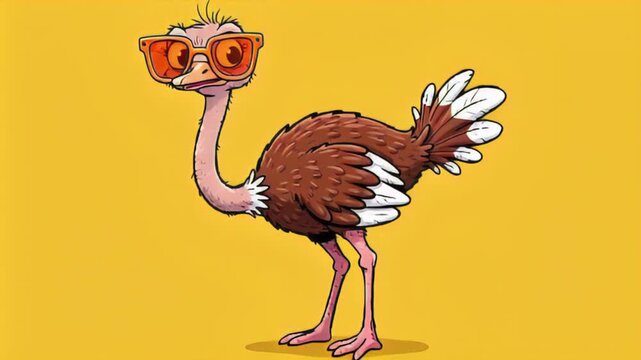 Animated cartoon ostrich wearing sunglasses standing on yellow background