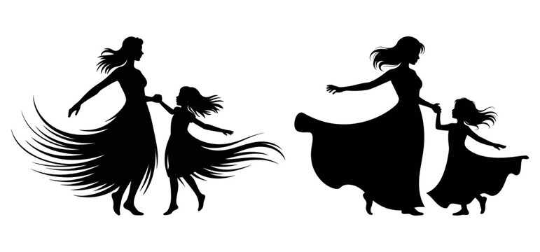 Mother and daughter dancing silhouette vector, graceful woman and child holding hands, elegant family figures with flowing dresses and hair