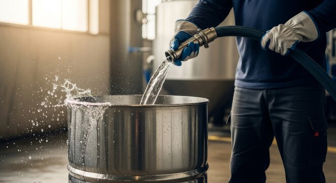 Worker filling steel barrel with water, industrial setting