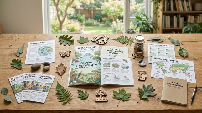 Biodiversity awareness campaign resources arranged in a clean environmental concept, global conservation theme for education, sustainability and nature observance materials, leaves, symbols and